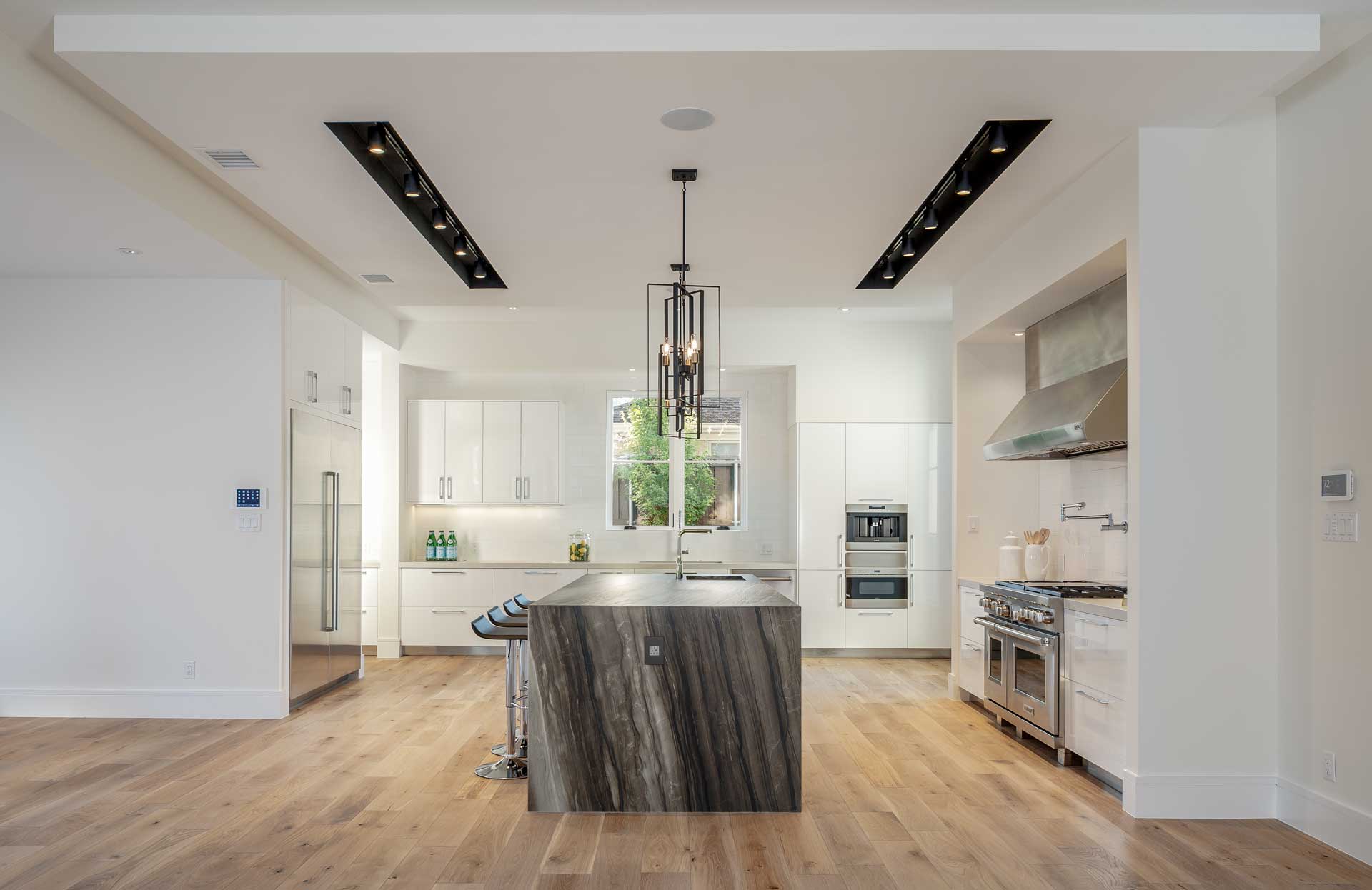 a kitchen with a large island