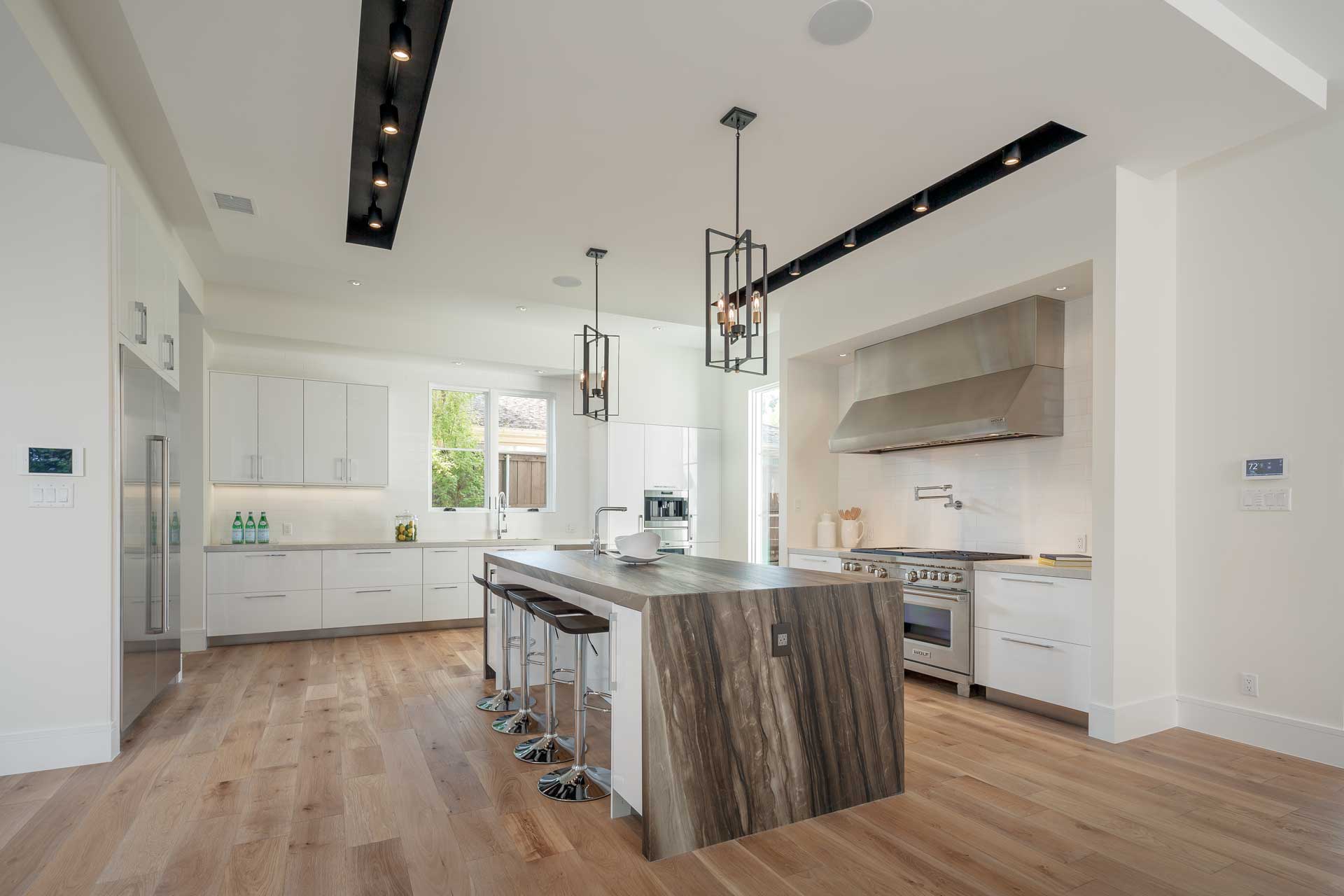 a kitchen with a large island