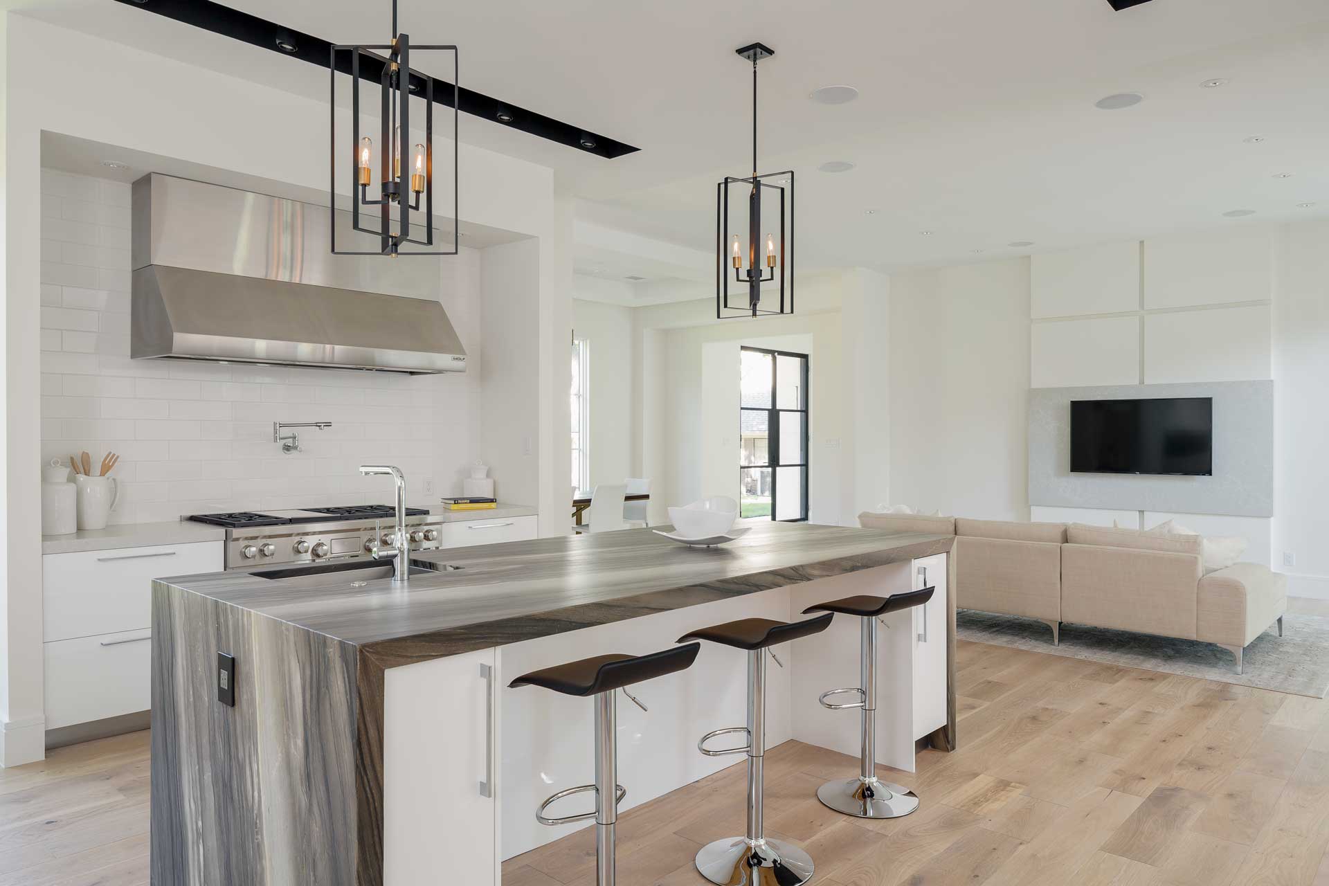 a kitchen with a large island