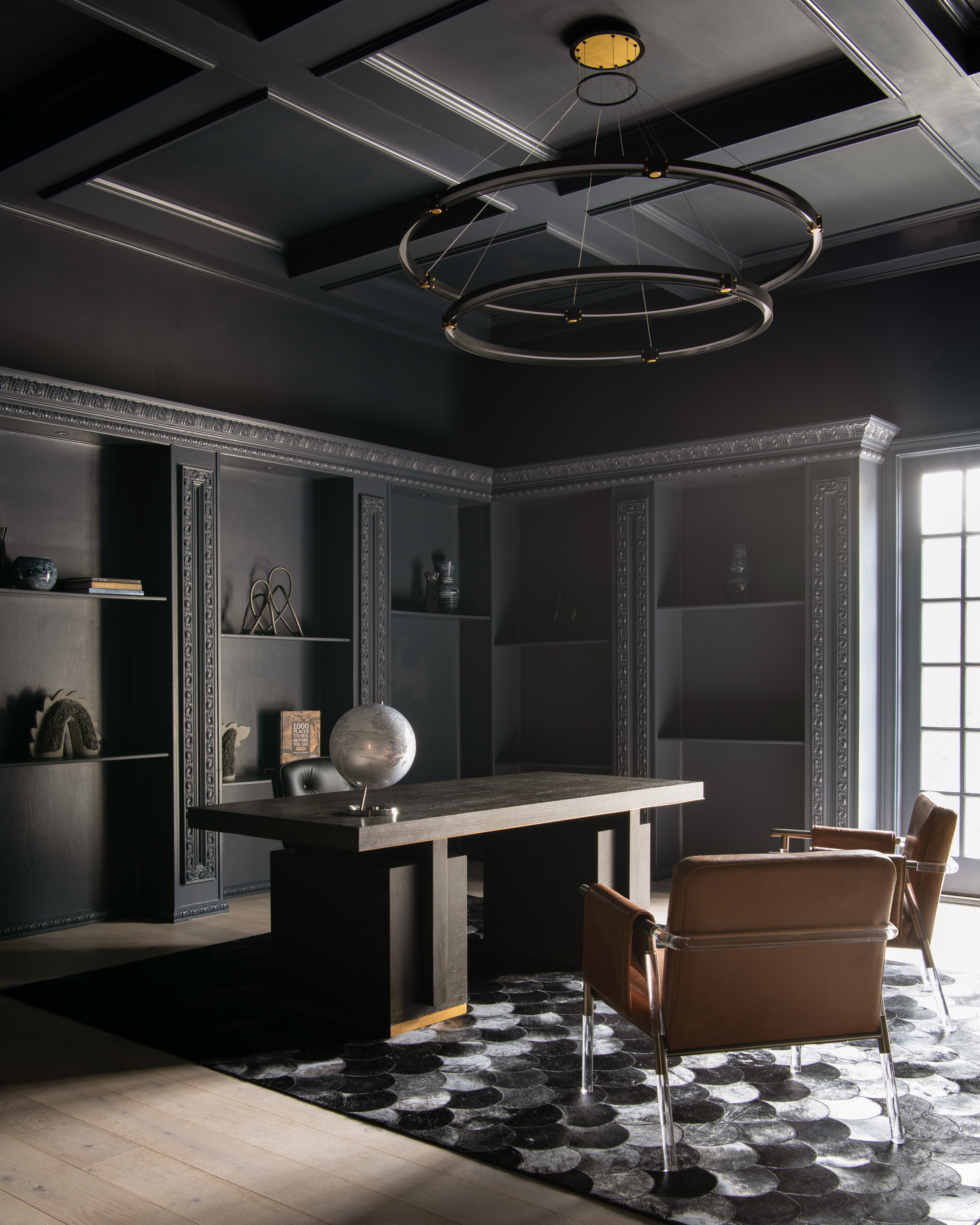 a room with a table and chairs