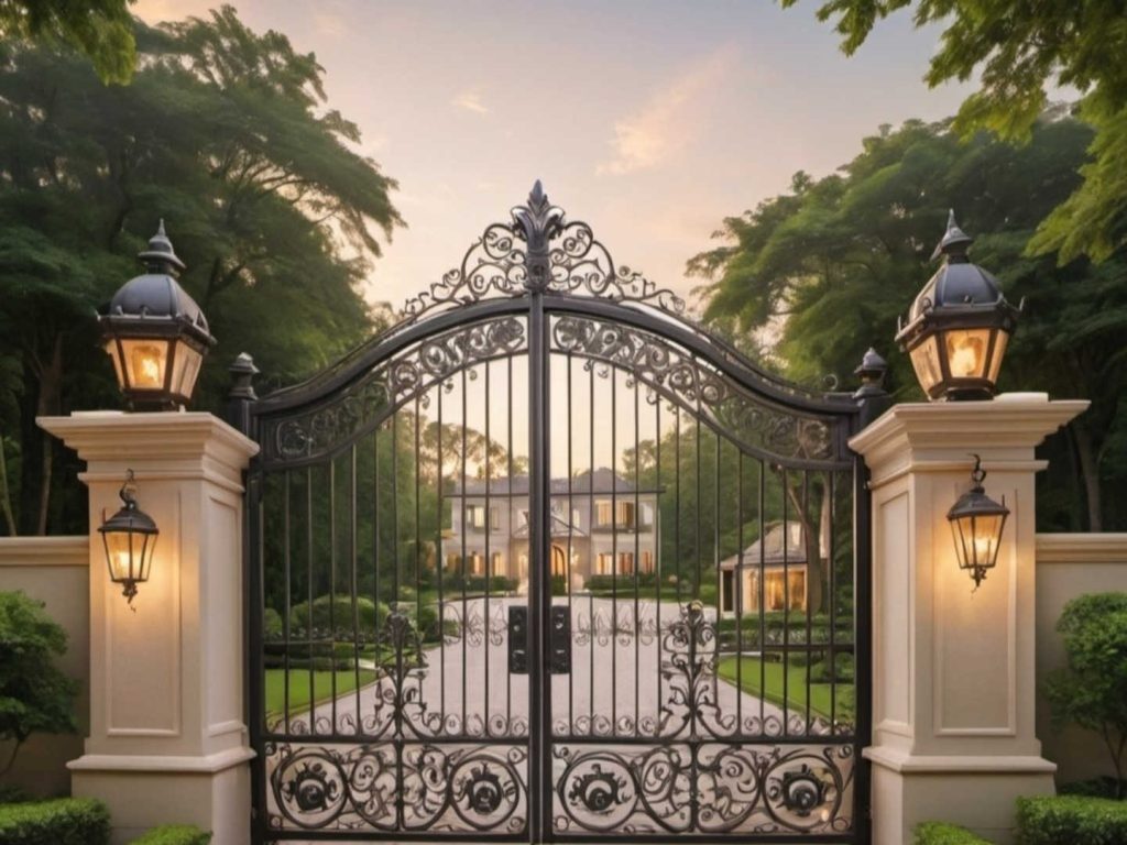 The Benefits of Building in Gated Communities. A sophisticated gate with two decorative lights on either side, enhancing the charm of the entrance.